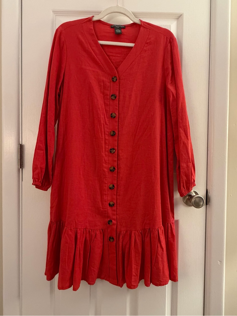 Chelsea & Theodore Burnt Orange Button Front Peplum Linen Dress Medium